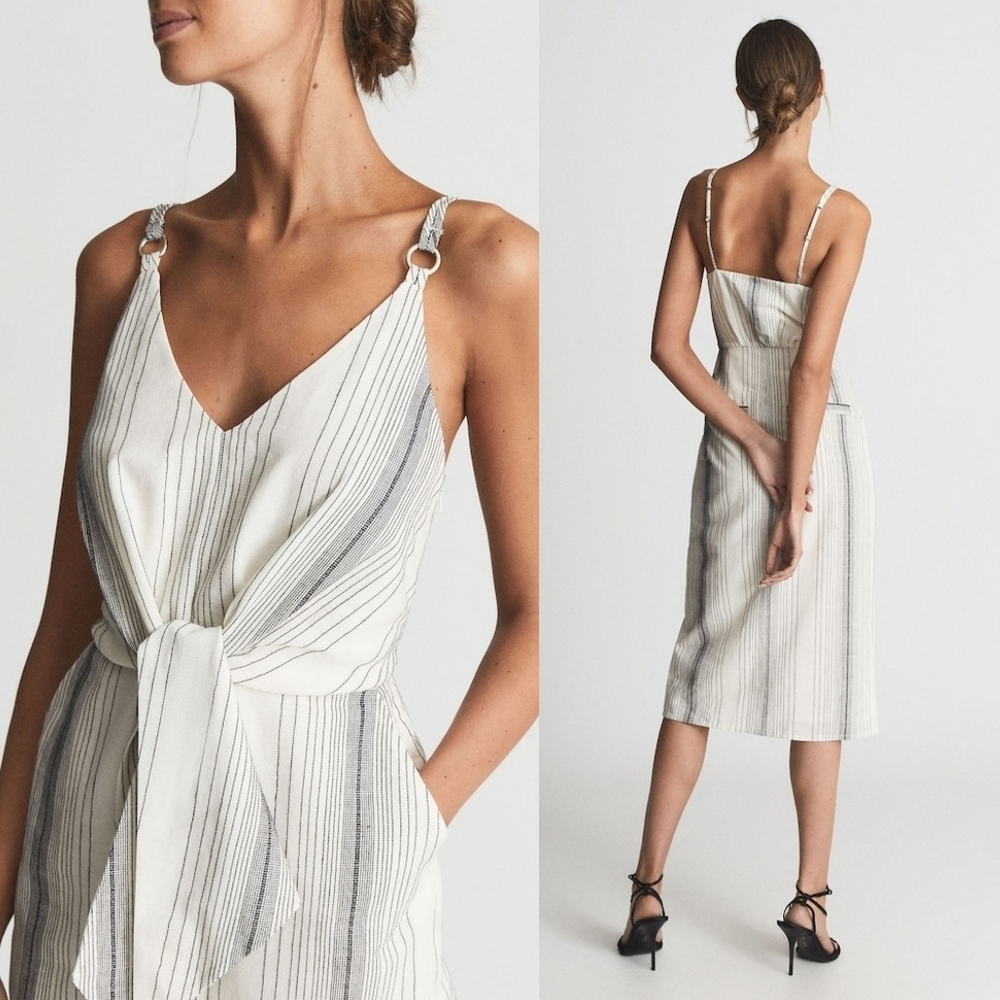 Reiss Kay Stripe Tie Front Striped Dress in Ivory - Picture 2 of 7